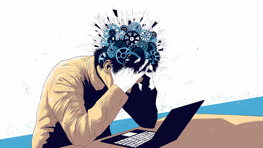 artistic rendition of person sitting feeling burnout in front of a laptop